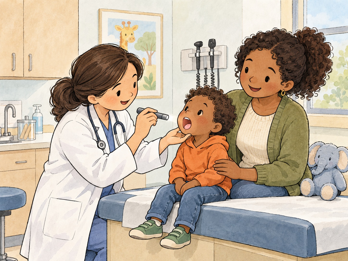 Illustration of a pediatrician examining a child with their parent.