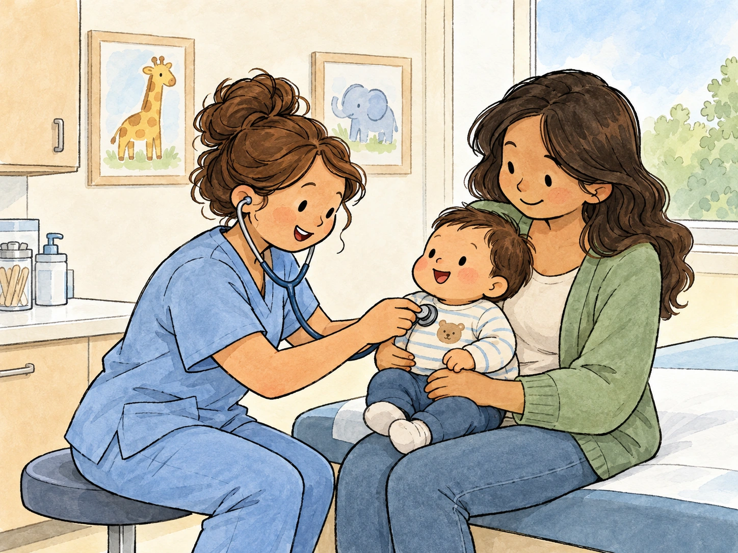 Illustration of a pediatric wellness check for a baby.